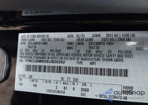 2025 Ford Escape St-Line z USA, uszkodzony, nr VIN 1FMCU9MN5SUB20282